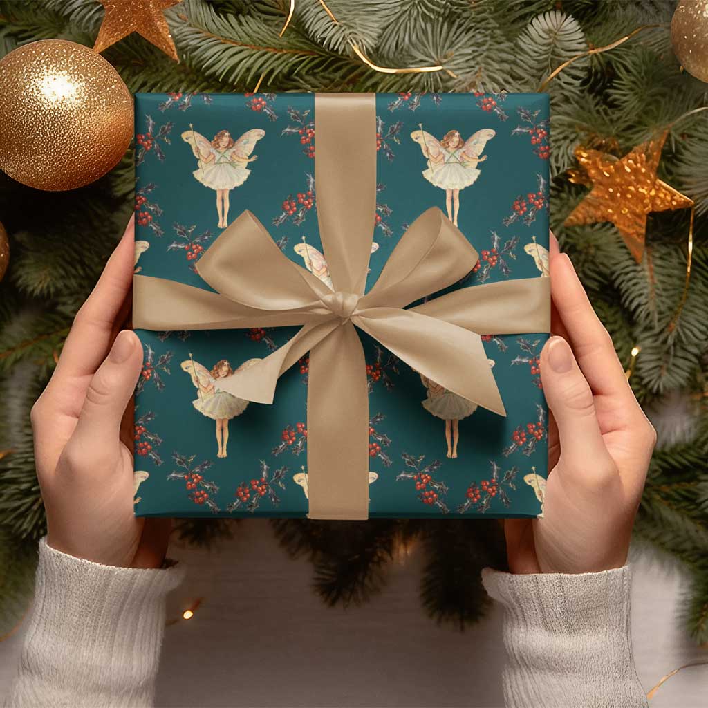 The Christmas Tree Fairy Gift Wrap in Teal Blue